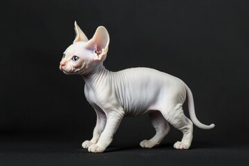 the beside view baby Sphynx cat standing, left side view, low angle, white copy space on right, Isolated on black Background