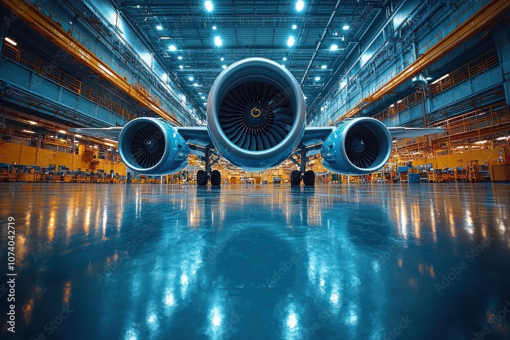 Poster airplane engine close-up in hangar with lights reflecting on floor
