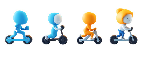 Four 3D cartoon characters riding various scooters in a line against a white background, transparent background PNG.