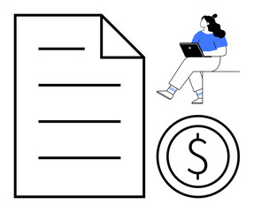 Freelancer with laptop beside large document icon and money symbol. Ideal for online work, freelancing, finance, remote jobs, contracts, digital economy, e-commerce. Line metaphor