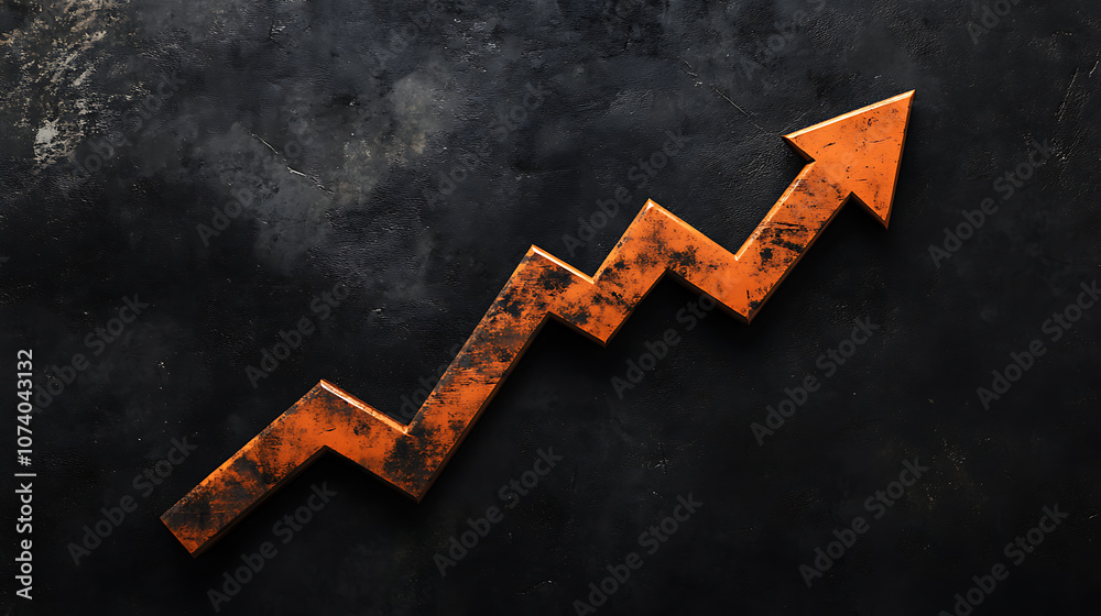 Fototapete an orange arrow pointing upwards on a black background going up in the shape of an upward graph