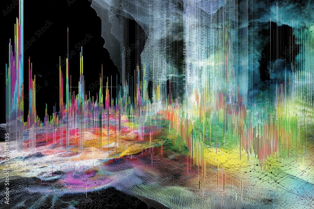 Aufkleber abstract digital art with colorful vertical lines and textured background