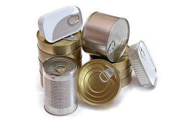 A Group of Stacked Tin Cans with Blank Edges Isolated on White Background. Canned Food. Different...