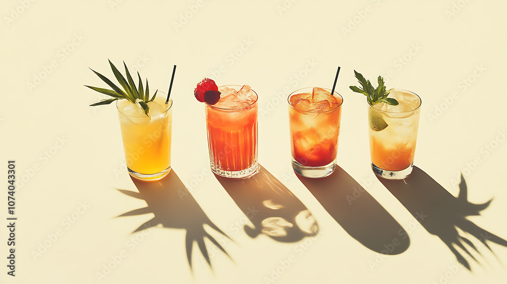 Poster three glasses of different tropical cocktails arranged on the right side, each with a minimal fruit 