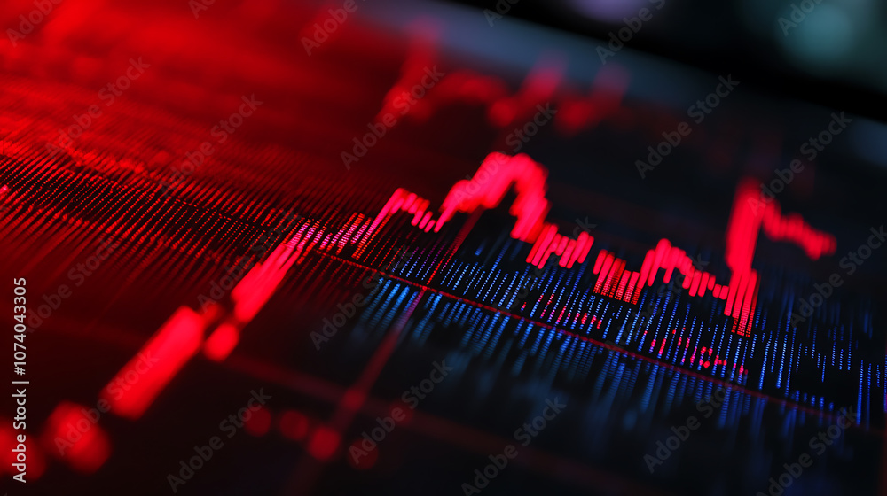 Poster The stock market chart is going down with a blurred background in red and blue colors Stock charts are going down against a blurry background