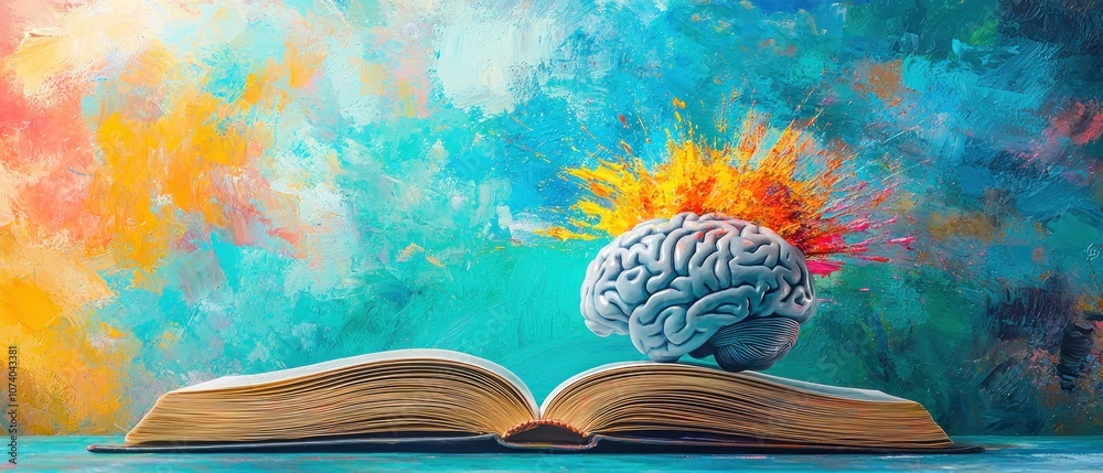 Aufkleber Open Book with Brain Model and Exploding Paint