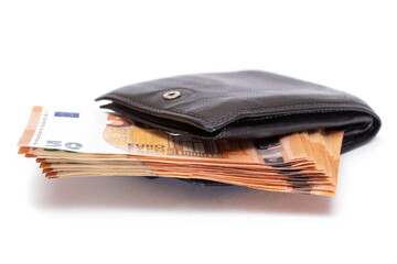 Black Leather Men Wallet with Fifty Euro Banknotes Inside - Isolated on White Background. A Purse Full of Money Symbolizing Wealth, Success and Social Status - Isolation