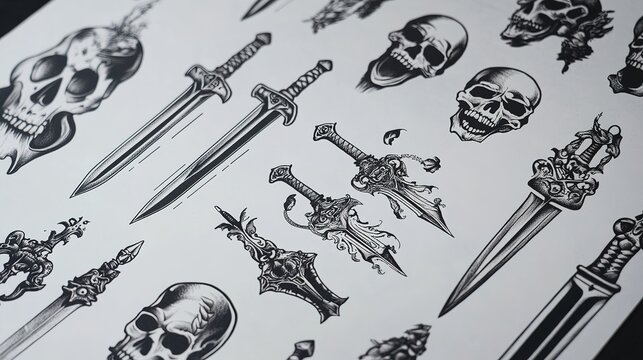 A blackwork tattoo flash sheet featuring old school designs of daggers and skulls. The sheet showcases bold, intricate black ink artwork, capturing the essence of traditional tattoo styles with a dark