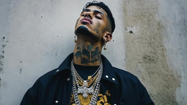 A young man with tattoos and jewelry poses against a textured wall