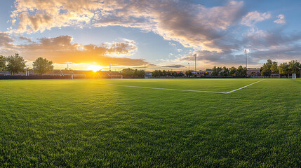 Sunrise over empty soccer stadium with fresh green grass