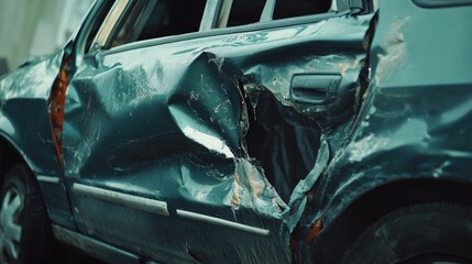 Closeup of a damaged car door with a dent and scratches.