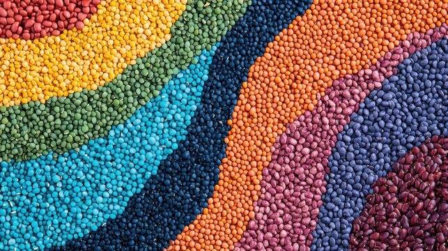 An array of colorful beans, lentils, and seeds forms a vibrant abstract pattern resembling concentric waves, showcasing rich textures. Generative AI