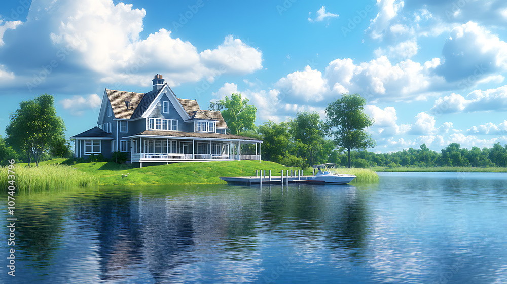 Poster beautiful lakefront home with dock and boat for summer a lake sits at the end of an island across fr