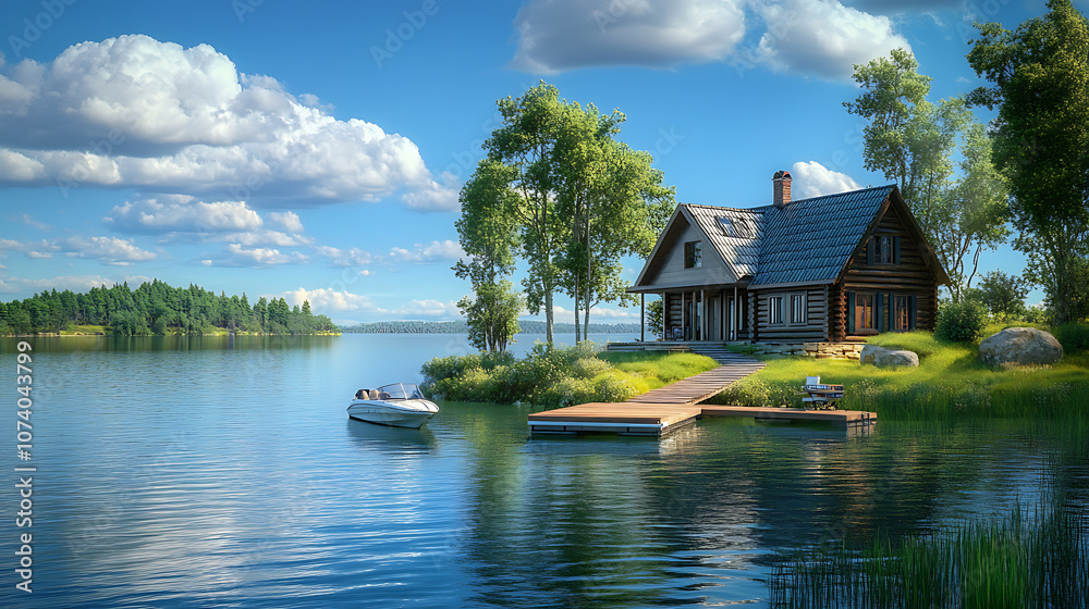 Poster beautiful lakefront home with dock and boat for summer a lake sits at the end of an island across fr