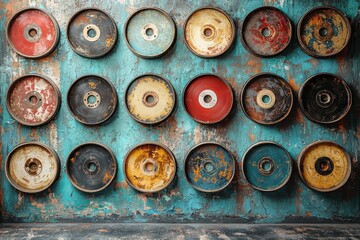 Fototapeta premium Circular Discs Arranged on a Distressed Teal Wall