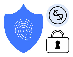 Fingerprint on blue shield, circle with dollar sign, and padlock with keyhole symbolizing security, identity protection, financial safety, and privacy. Ideal for cybersecurity, banking, data