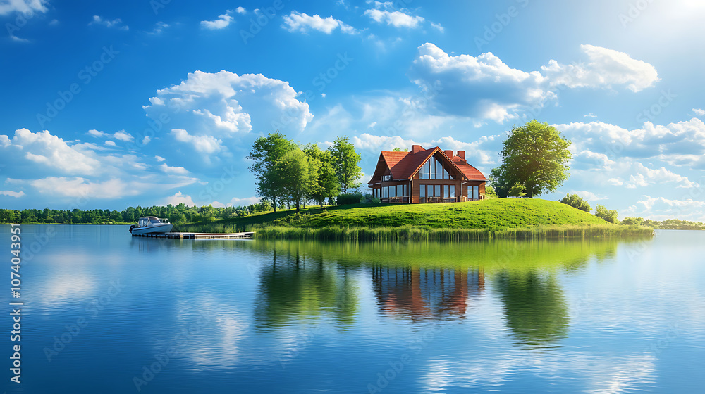 Poster beautiful lakefront home with dock and boat for summer a lake sits at the end of an island across fr