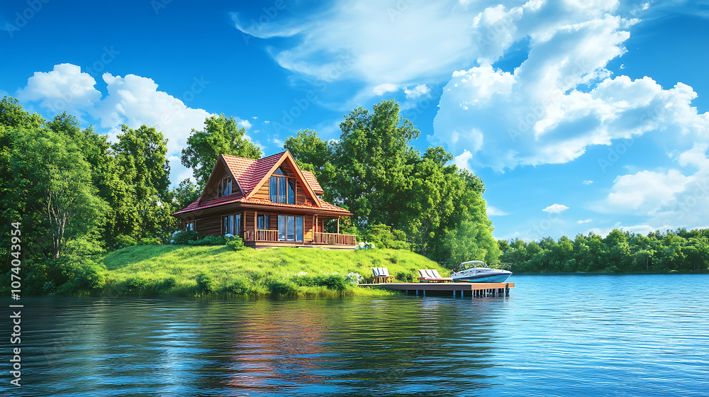Poster beautiful lakefront home with dock and boat for summer a lake sits at the end of an island across fr