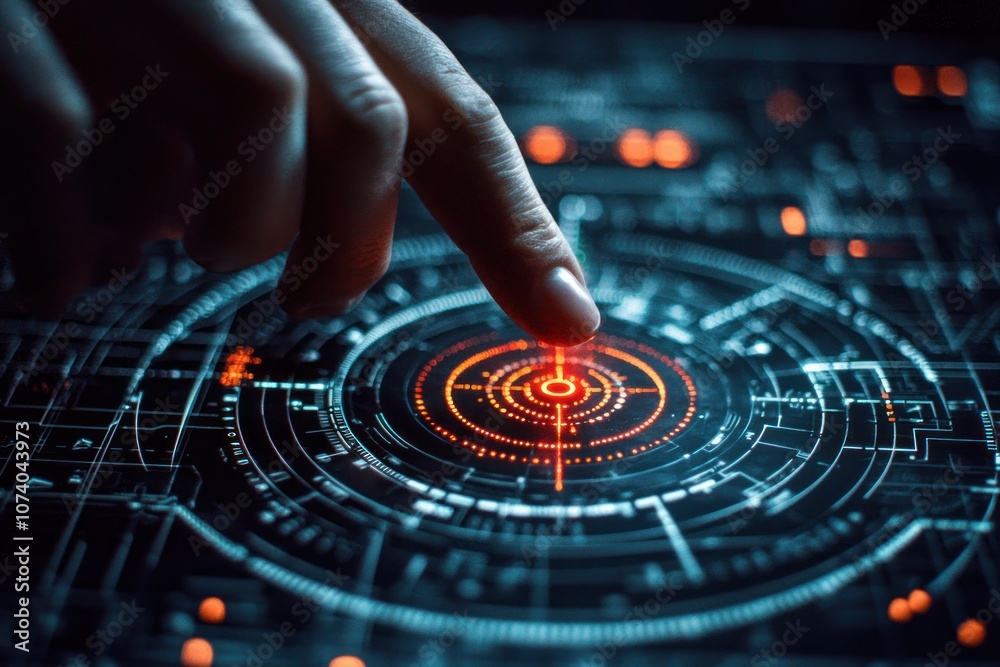 Aufkleber a finger touching a glowing red target on a futuristic interface