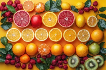 Assortment of Fresh Citrus Fruits, Berries, and Kiwis on Yellow Background