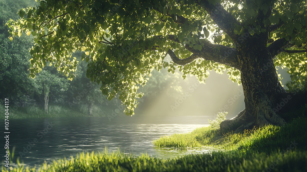 Poster beautiful tree with green leaves on the river bank in summer, sunlight and fog in the background