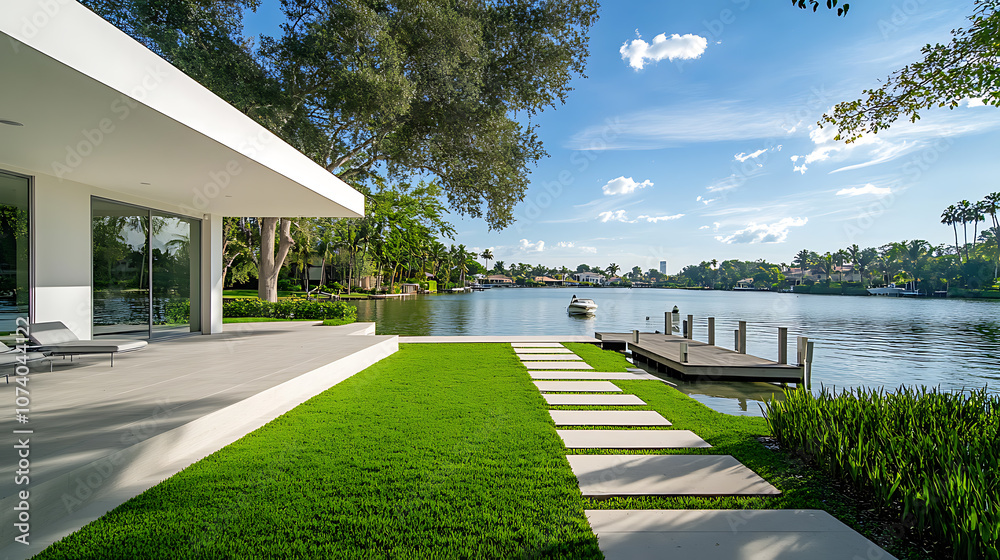 Poster wide angle photo of the front porch and lake view from behind an all white modern home with green gr