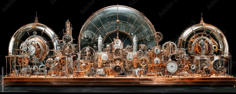 Poster intricate mechanical clockwork sculpture with glass enclosures
