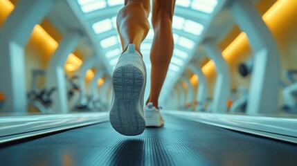 Close-up of a woman's legs running on a treadmill in a gym.