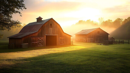 Beautiful rustic barnyard at sunrise: A brilliant golden sunrise illuminates the rustic wooden barns and casts long shadows into the mist