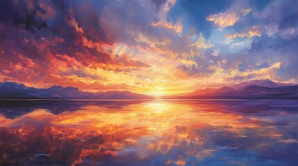 Fototapeta premium A vibrant sunset over a calm lake with mountains in the distance, reflecting the colors of the sky in the water.