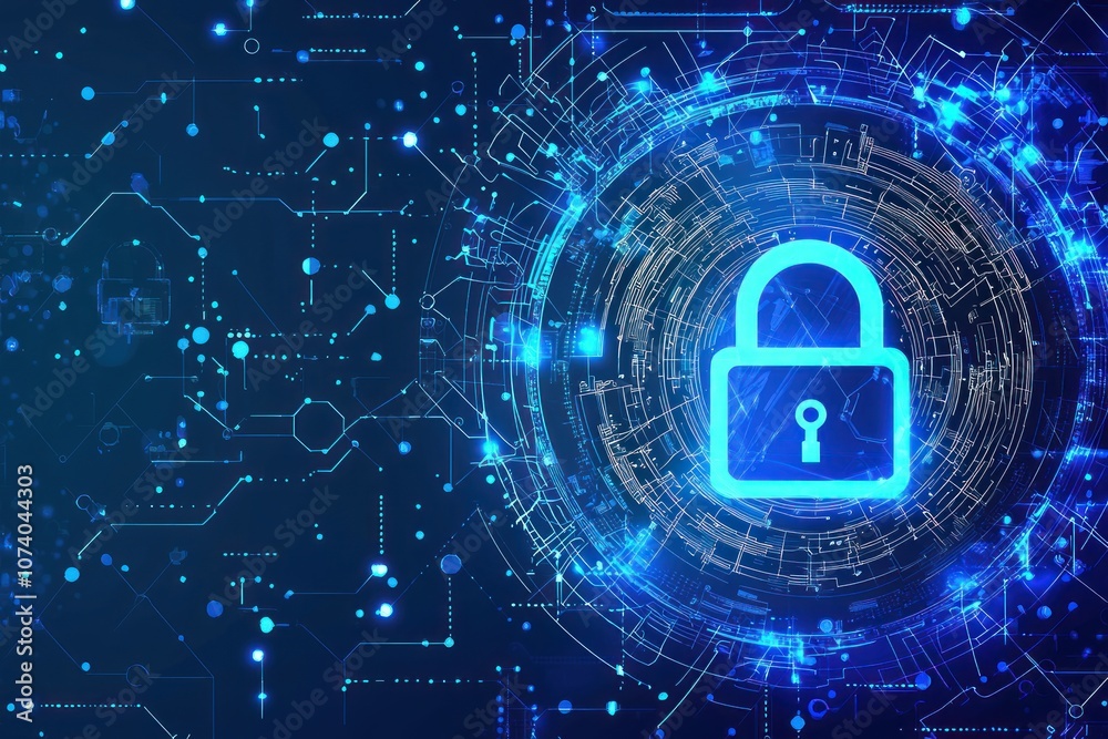 Poster Abstract digital security concept with glowing padlock icon in a circular pattern on a dark blue background.