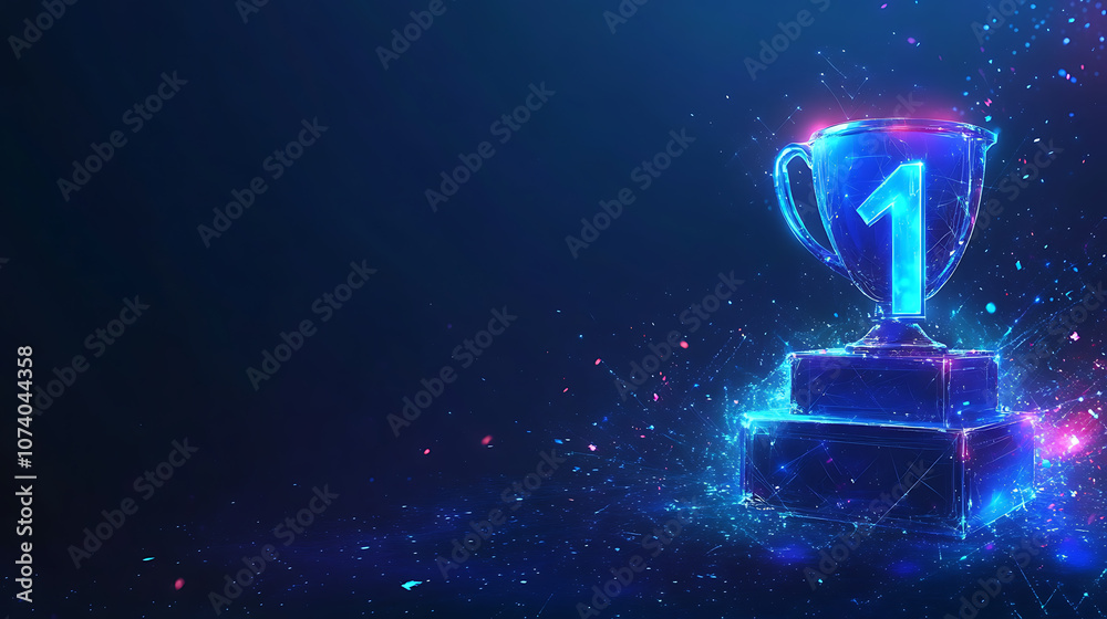 Aufkleber blue background with a trophy and the number one, digital futuristic style banner design for a websi
