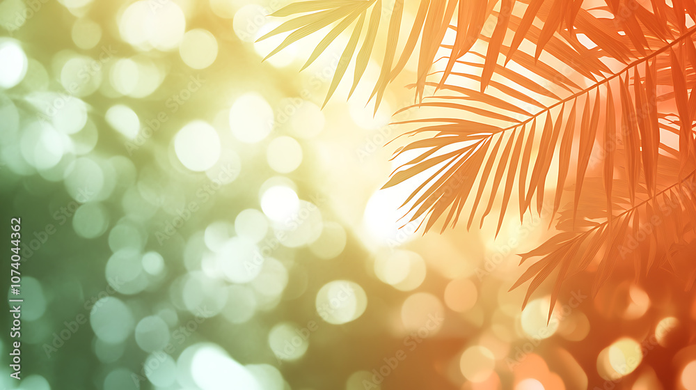 Aufkleber Background gradient with palm leaves in a light green and orange color palette in the flat design style on a blurred background with soft lighting