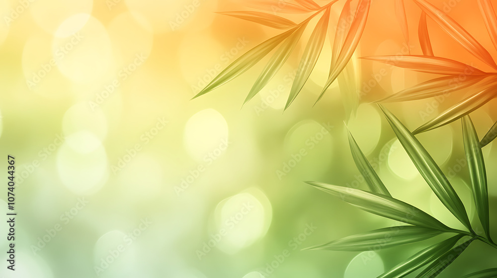 Aufkleber Background gradient with palm leaves in a light green and orange color palette in the flat design style on a blurred background with soft lighting