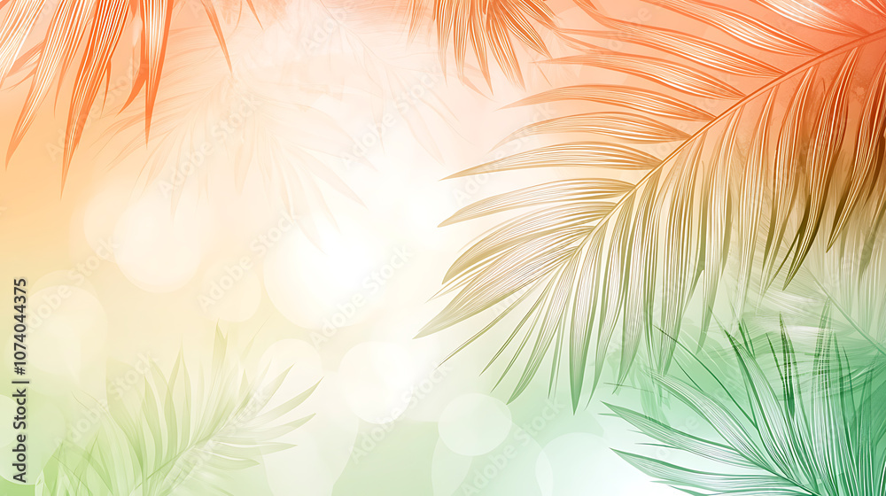 Aufkleber Background gradient with palm leaves in a light green and orange color palette in the flat design style on a blurred background with soft lighting