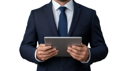 Businessman in blue suit holding tablet on transparent background