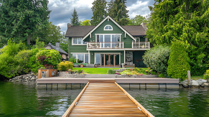 Beautiful lake house with dock shows a large wooden deck leading up to the front of a green colored craftsman style home with white trimmed windows