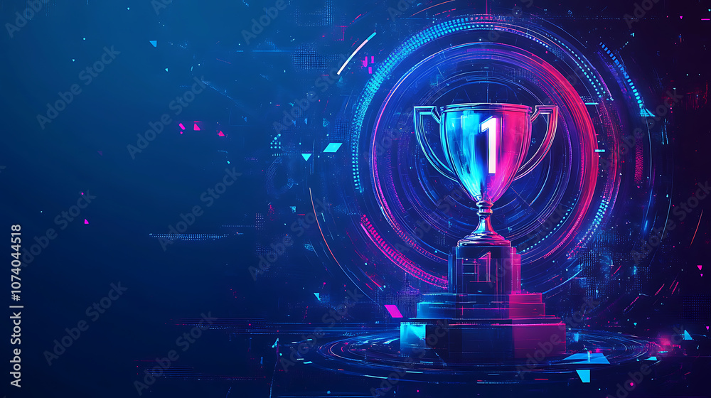 Poster Blue background with a trophy and the number one, digital futuristic style banner design for a website, on a dark blue color background