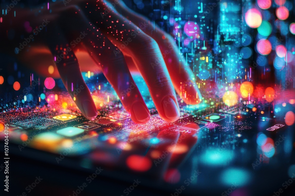 Poster A Hand Interacting with a Tablet Screen Filled with Colorful Bokeh Lights