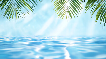 Fototapeta premium Blurred palm leaf shadow on the water surface, banner with copy space area, light blue colored background, banner for a summer vacation concept