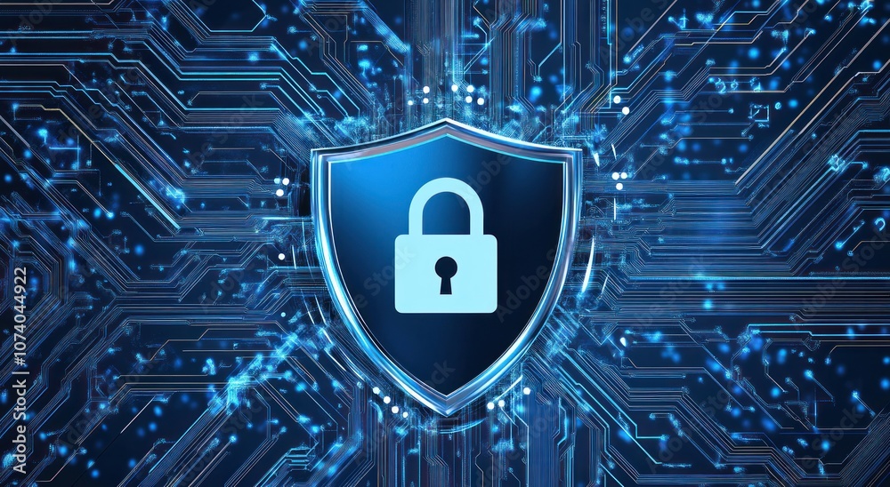 Poster Digital Shield with a Padlock on a Circuit Board