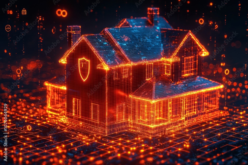 Aufkleber digital wireframe of a house with a shield on its side