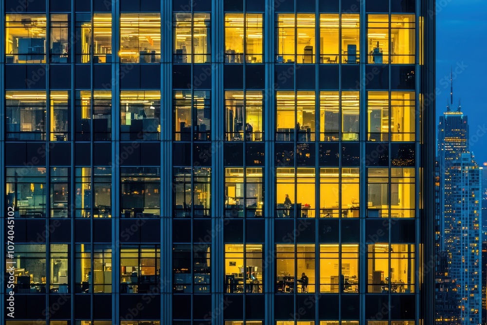 Poster illuminated office windows of a modern skyscraper at dusk