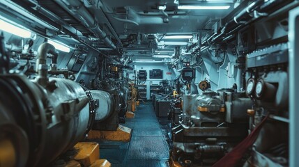 Fototapeta premium A narrow, industrial corridor lined with large, industrial machinery and equipment.