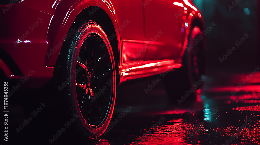 Poster close up of the side profile of an suv vehicle with red paint, showcasing its black wheels and white