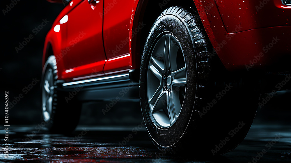 Poster close up of the side wheel and fender on a red suv, in the studio with lighting, on a dark backgroun