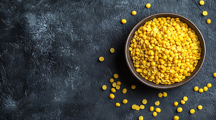 Photo of yellow lupine beans in a bowl isolated on a dark background