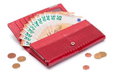 Opened Red Women Purse with 50 Euro Banknotes Inside and Scattered Euro Cent Coins - Isolated on White Background. A Wallet Full of Money Symbolizing Wealth, Success, Shopping and Social Status -