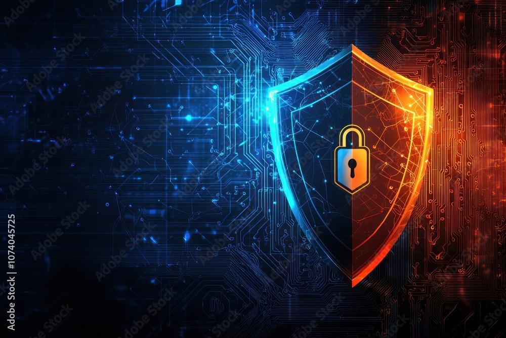 Poster a glowing shield and lock on a circuit board background