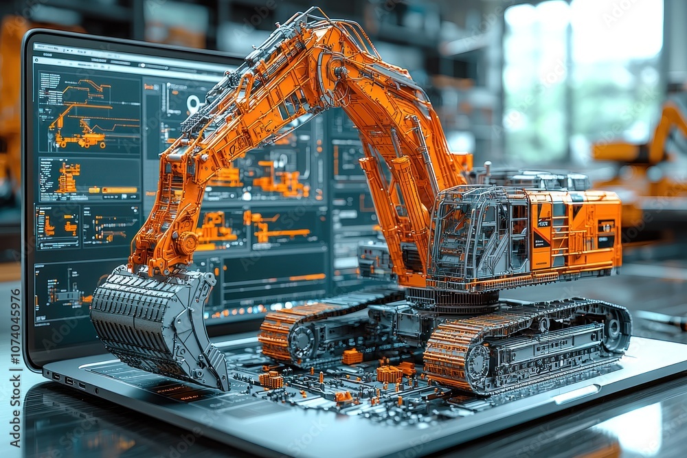 Poster Excavator Model on a Laptop with Technical Data Displayed on the Screen